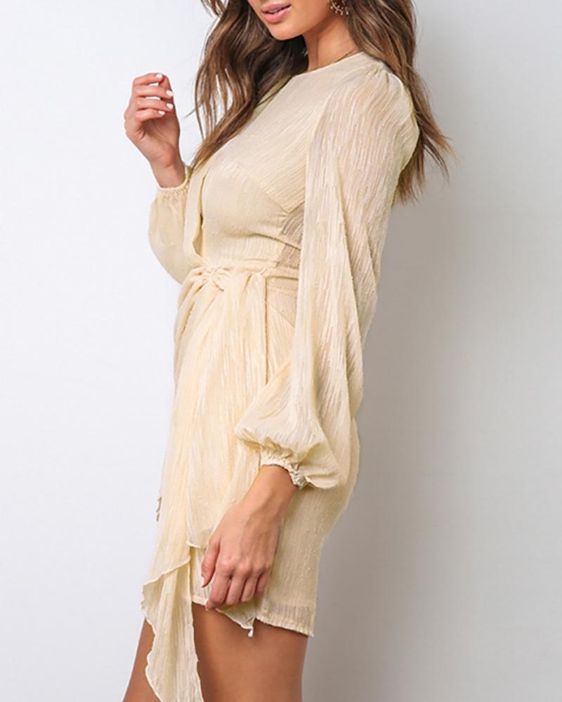 Solid Round Neck Surplice Wrap Tied Ruched Dress