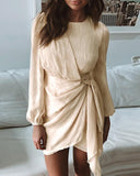 Solid Round Neck Surplice Wrap Tied Ruched Dress