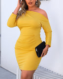 Plus Size Plain Ruched Long Sleeve Bodycon Dress