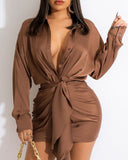 Satin Button Front Ruched Belted Shirt Dress