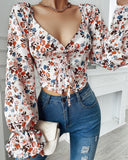Ditsy Floral Print Tie Front Lantern Sleeve Top