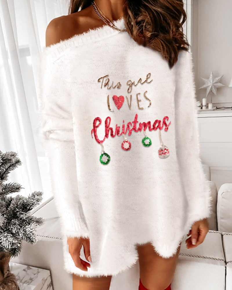 Christmas Sequins Long Sleeve Fluffy Sweater Dress