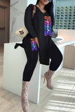 Casual Print Slit Letter V Neck Long Sleeve Two Pieces
