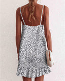 Spaghetti Strap Leopard Print Backless Ruffles Dress