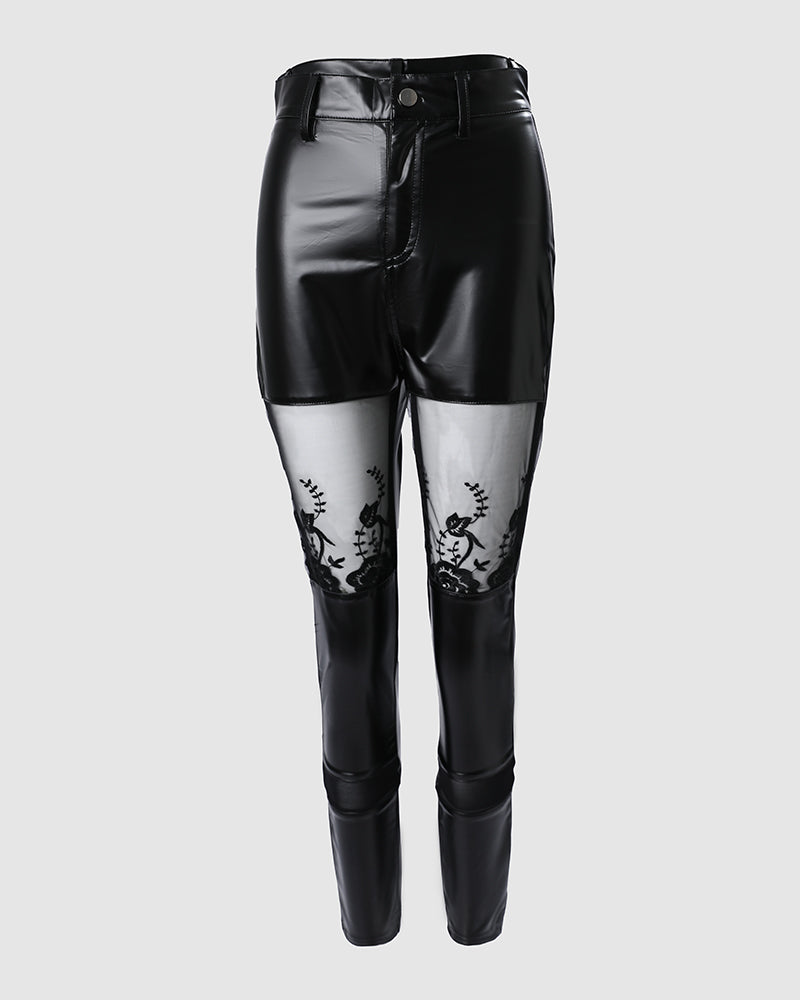 Contrast Lace PU Leather Skinny Pants