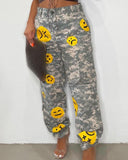 Camouflage Print Face Patch High Waist Casual Pants