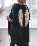 Sequin Wings Pattern Zipper Design Hooded Coat