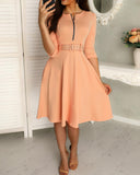 Solid Zipper Up Belted Pleated Casual Dress