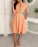 Solid Zipper Up Belted Pleated Casual Dress