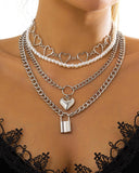 4pcs Heart Lock Pattern Beaded Chain Necklace