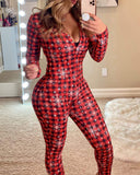 Christmas Plaid Functional Buttoned Flap Adults Pajamas