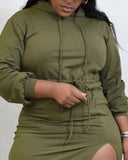 Plus Size Split Thigh Drawstring Hooded Sweatshirt Dress