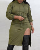 Plus Size Split Thigh Drawstring Hooded Sweatshirt Dress