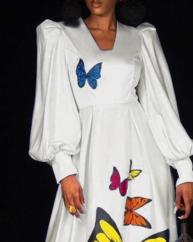 Puff Lantern Sleeve Butterfly Print Maxi Dress