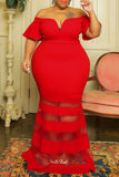 Sexy Formal Solid Patchwork See-through Off the Shoulder Evening Dress Plus Size Dresses