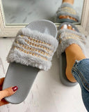 Fluffy Chain Detail Open Toe Slippers