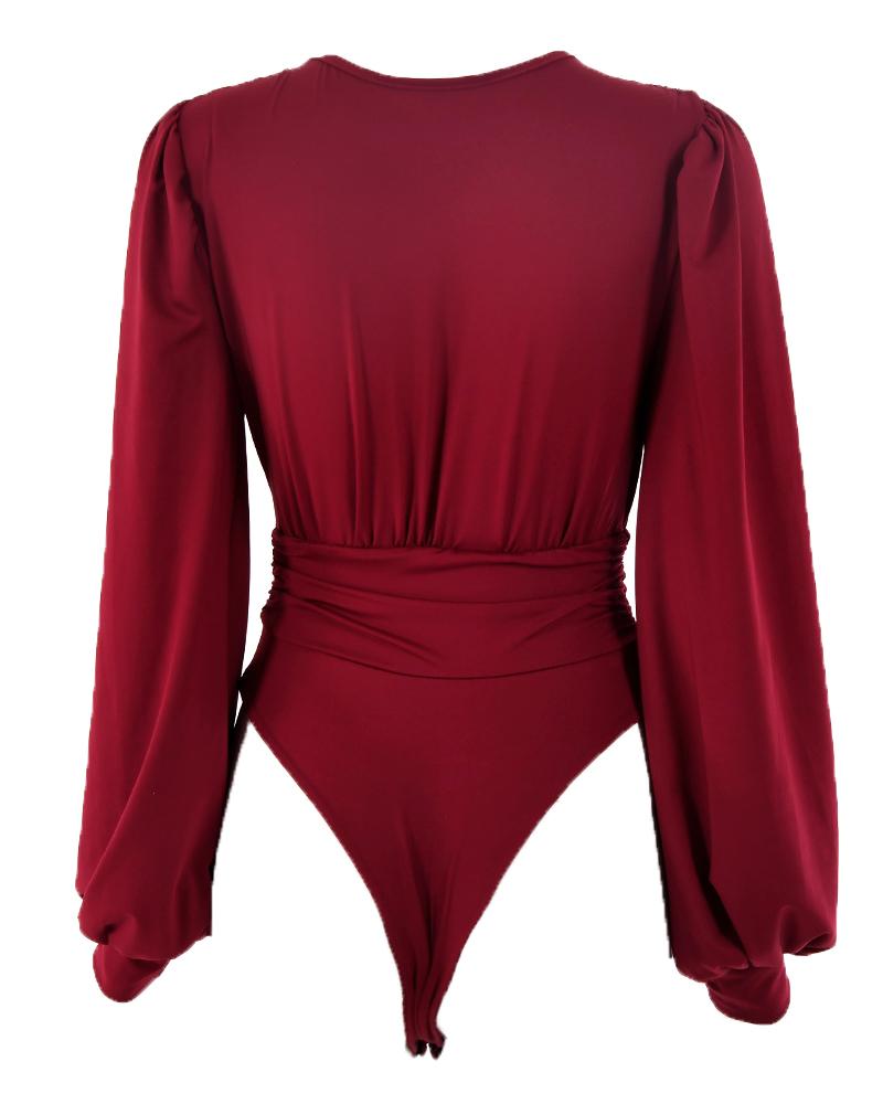 Plunge Puff Sleeve Ruched Bodysuit