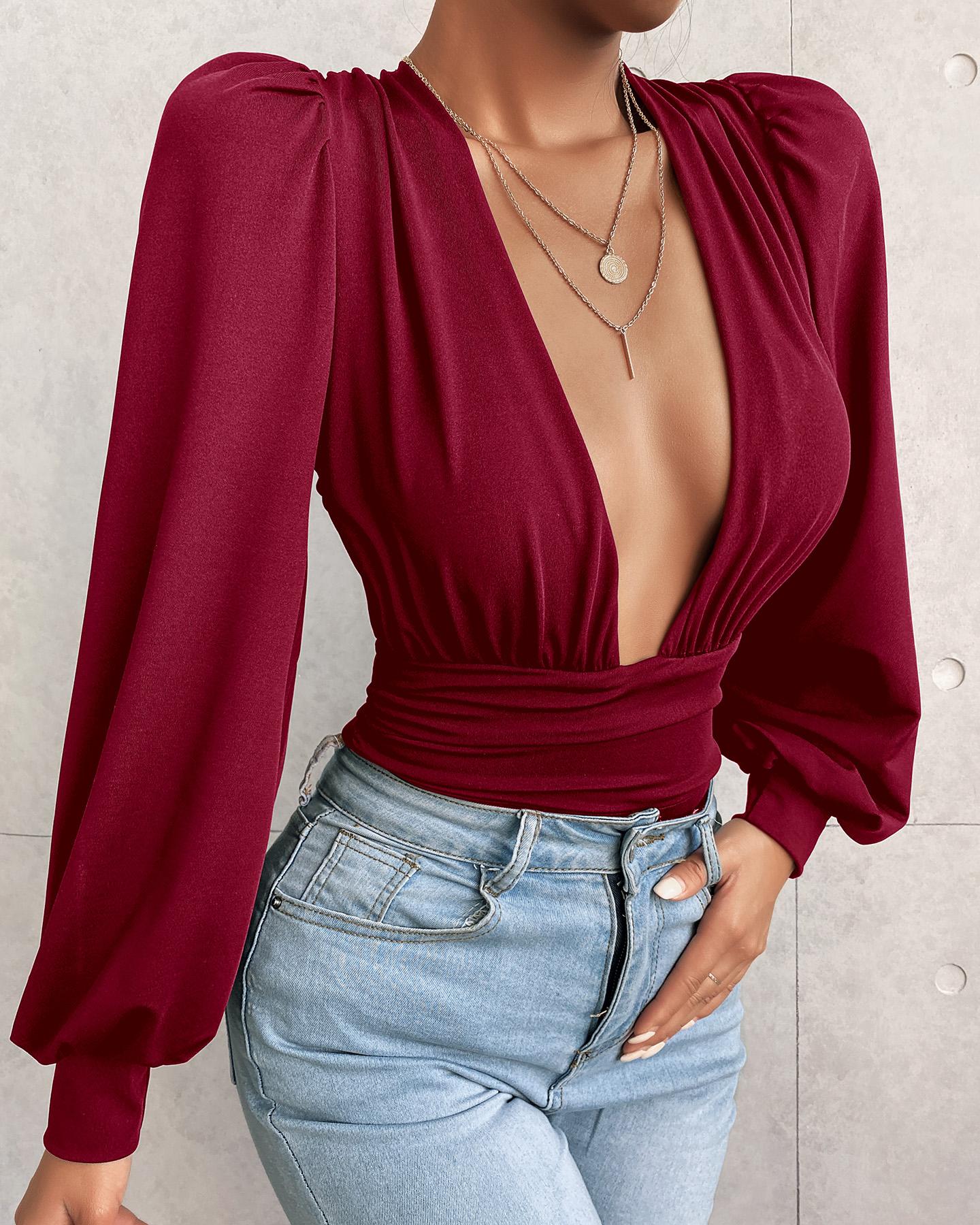 Plunge Puff Sleeve Ruched Bodysuit