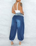 High Waist Pocket Design Colorblock Jeans