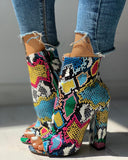 Colorful Snakeskin Chunky Heeled Boots