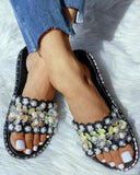 Beaded Flower Pattern Flat Sandals