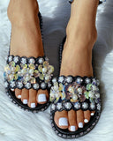 Beaded Flower Pattern Flat Sandals
