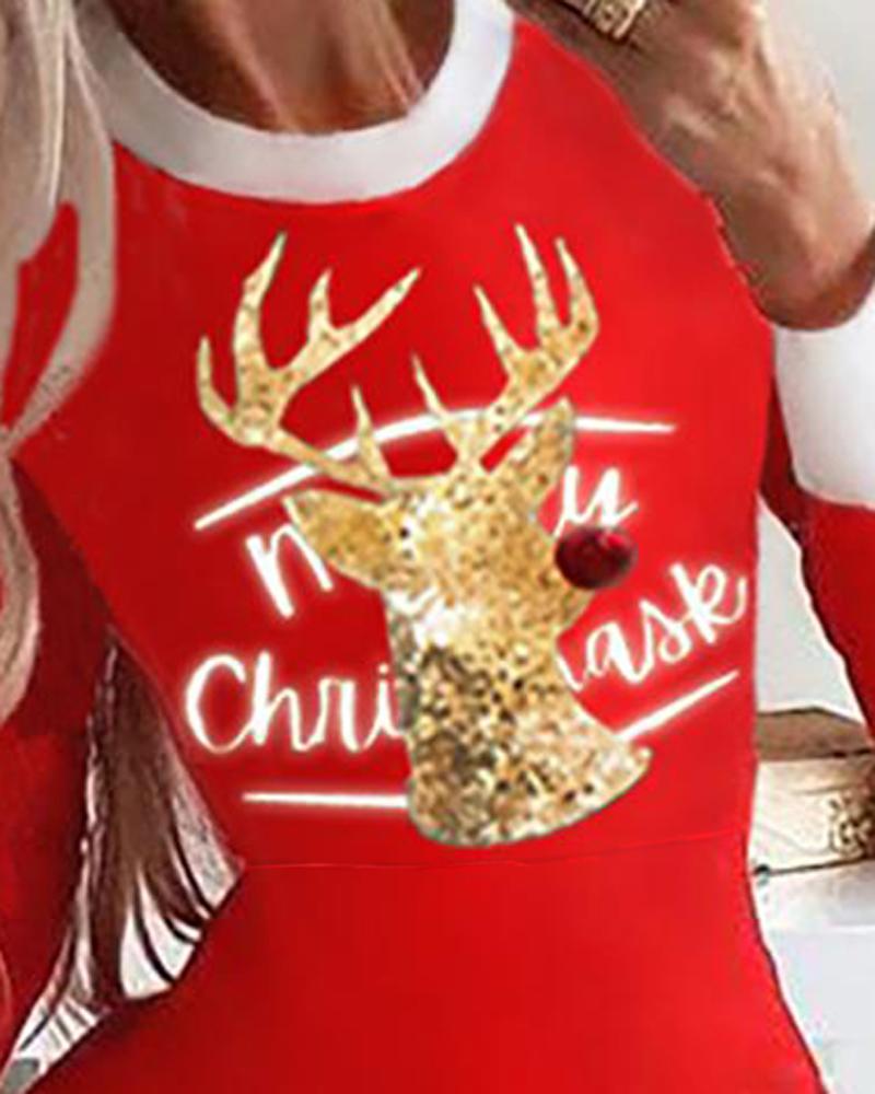 Christmas Reindeer Letter Print Long Sleeve Pleated Dress