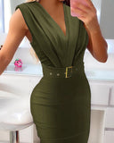 V Neck  Sleeveless Skinny Dress With Belt