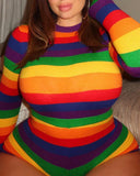 Plus Size Rainbow Striped Long Sleeve Bodysuit