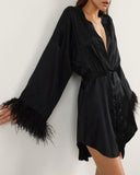 Feather Decor Open Front Tied Detail Robe