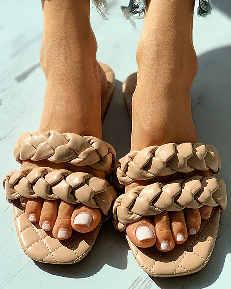 Quilted Square Toe Braided Flat Sandals