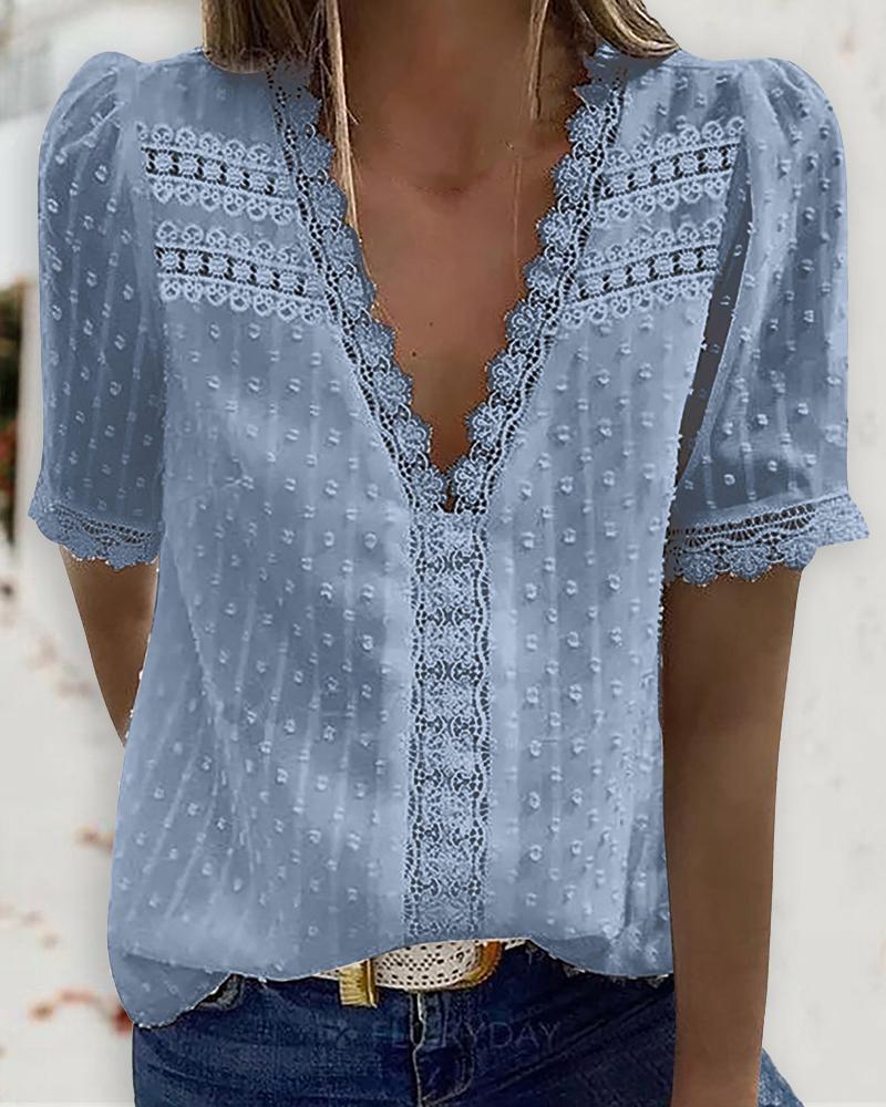 Guipure Lace V Neck Short Sleeve Top
