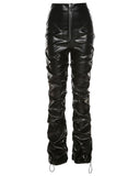 PU Leather High Waist Zipper Decor Ruched Pants