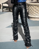 PU Leather High Waist Zipper Decor Ruched Pants