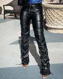 PU Leather High Waist Zipper Decor Ruched Pants