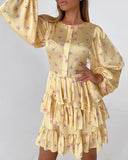 Floral Print Button Front Layered Lantern Sleeve Dress