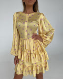 Floral Print Button Front Layered Lantern Sleeve Dress