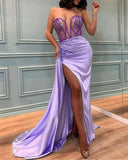 Bandeau Rhinestone Satin Split Thigh Evening Dress