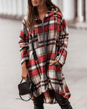 Plaid Print Zipper Front Strap Decor Hooded Coat