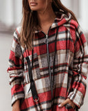 Plaid Print Zipper Front Strap Decor Hooded Coat