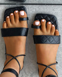 Square Toe Ring Quilted Strappy Flat Sandals