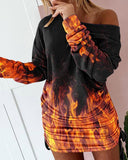 Flame Print Long Sleeve Drawstring Ruched Casual Dress