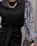 Contrast Sequin Lantern Sleeve Split Midi Dress