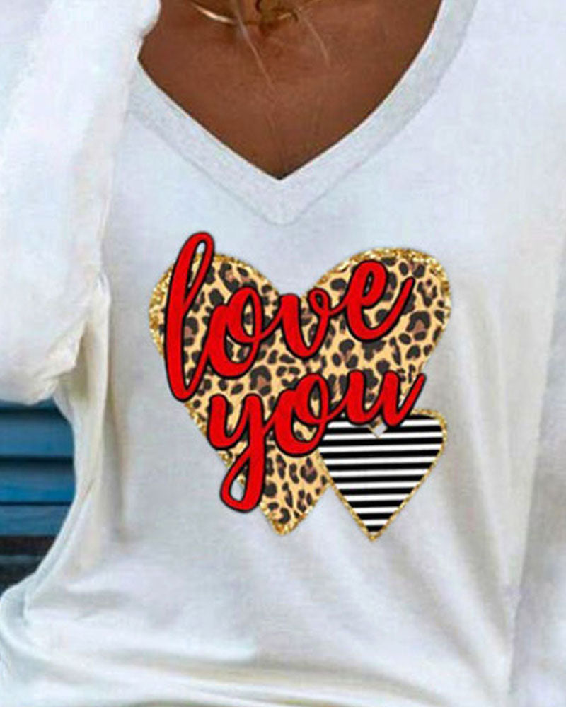 Leopard Heart Letter Print Long Sleeve V Neck Top