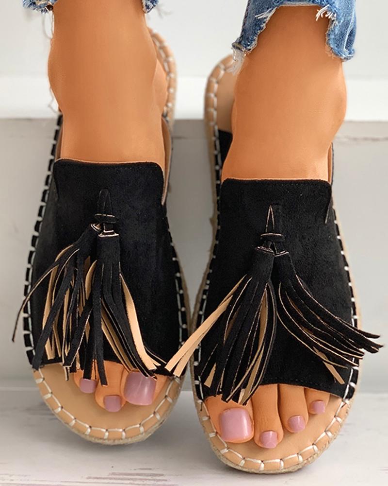 Tassel Detail Peep Toe Flat Sandals