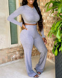 Ruched Bell Sleeve Crop Top & Bootcut Pants Set