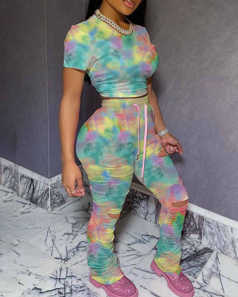 Tie Dye Print Top & Cutout Pants Set