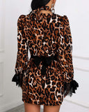 Choker V Leopard Lace Cuff Belted Dress