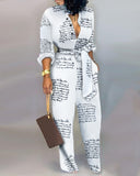 Letter Print Casual Knotted Jumpsuit