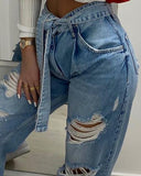 Ripped Cutout Pocket Design Jeans With Belt